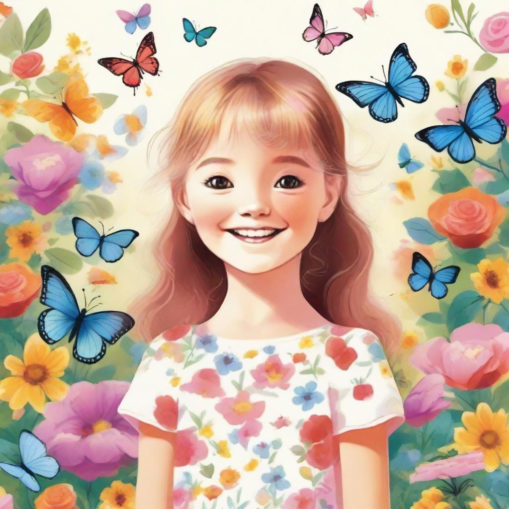 A detailed and charming illustration of a young girl with a joyful expression