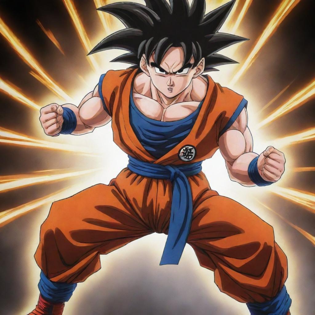 A detailed, high-quality image of Goku from Dragon Ball Z in a powerful fighting stance, with energy surrounding him.