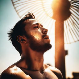 A visually striking image of a person feeling hot under the summer sun, with sweat dripping down their face and a fan blowing in the background