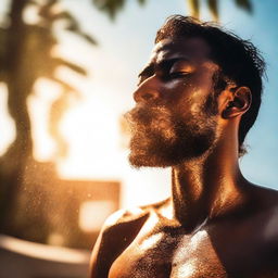 A visually striking image of a person feeling hot under the summer sun, with sweat dripping down their face and a fan blowing in the background