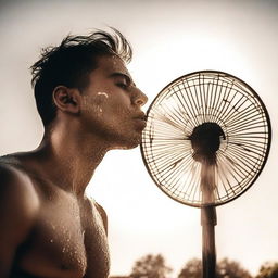 A visually striking image of a person feeling hot under the summer sun, with sweat dripping down their face and a fan blowing in the background