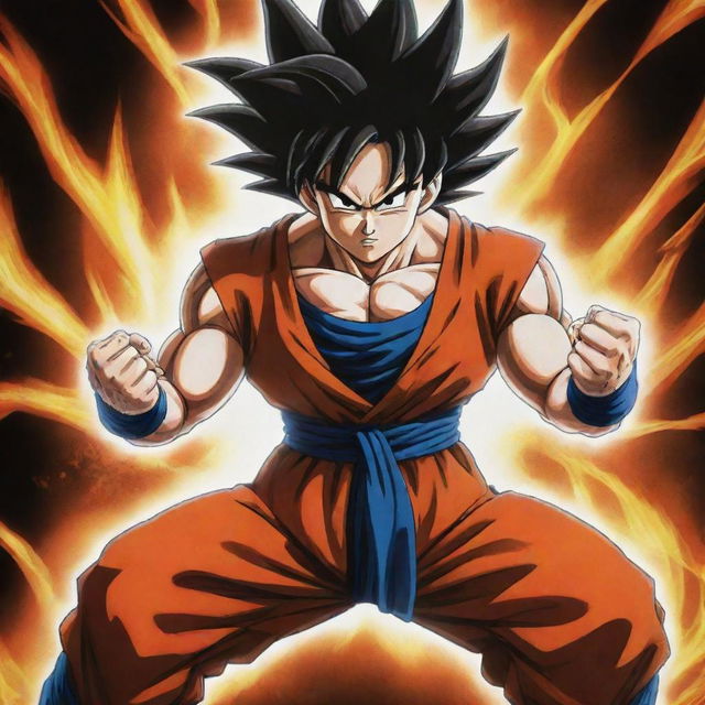 A detailed, high-quality image of Goku from Dragon Ball Z in a powerful fighting stance, with energy surrounding him.