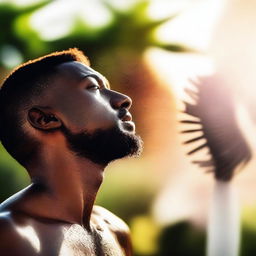 A visually striking image of a person feeling hot under the summer sun, with sweat dripping down their face and a fan blowing in the background