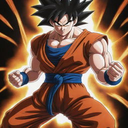 A detailed, high-quality image of Goku from Dragon Ball Z in a powerful fighting stance, with energy surrounding him.