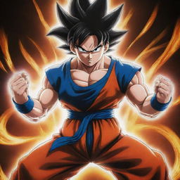 A detailed, high-quality image of Goku from Dragon Ball Z in a powerful fighting stance, with energy surrounding him.