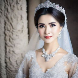 Gambarkan seorang putri cantik mengenakan gaun yang memperlihatkan belahan dadanya