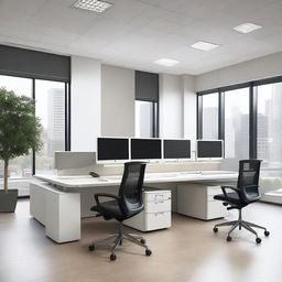 Create a professional and polished image featuring a modern office environment with people working diligently at their desks