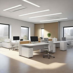 Create a professional and polished image featuring a modern office environment with people working diligently at their desks