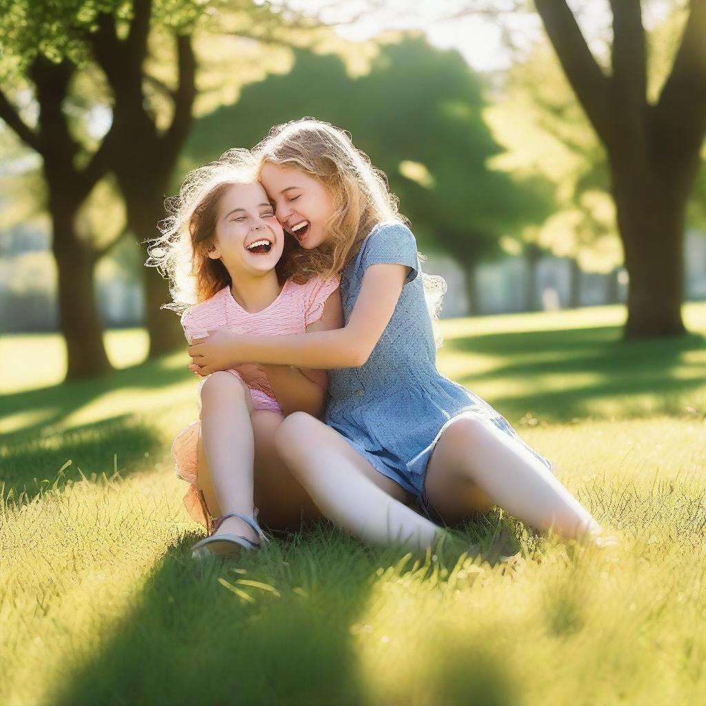 A cheerful scene featuring a girl tickling another girl in a playful manner