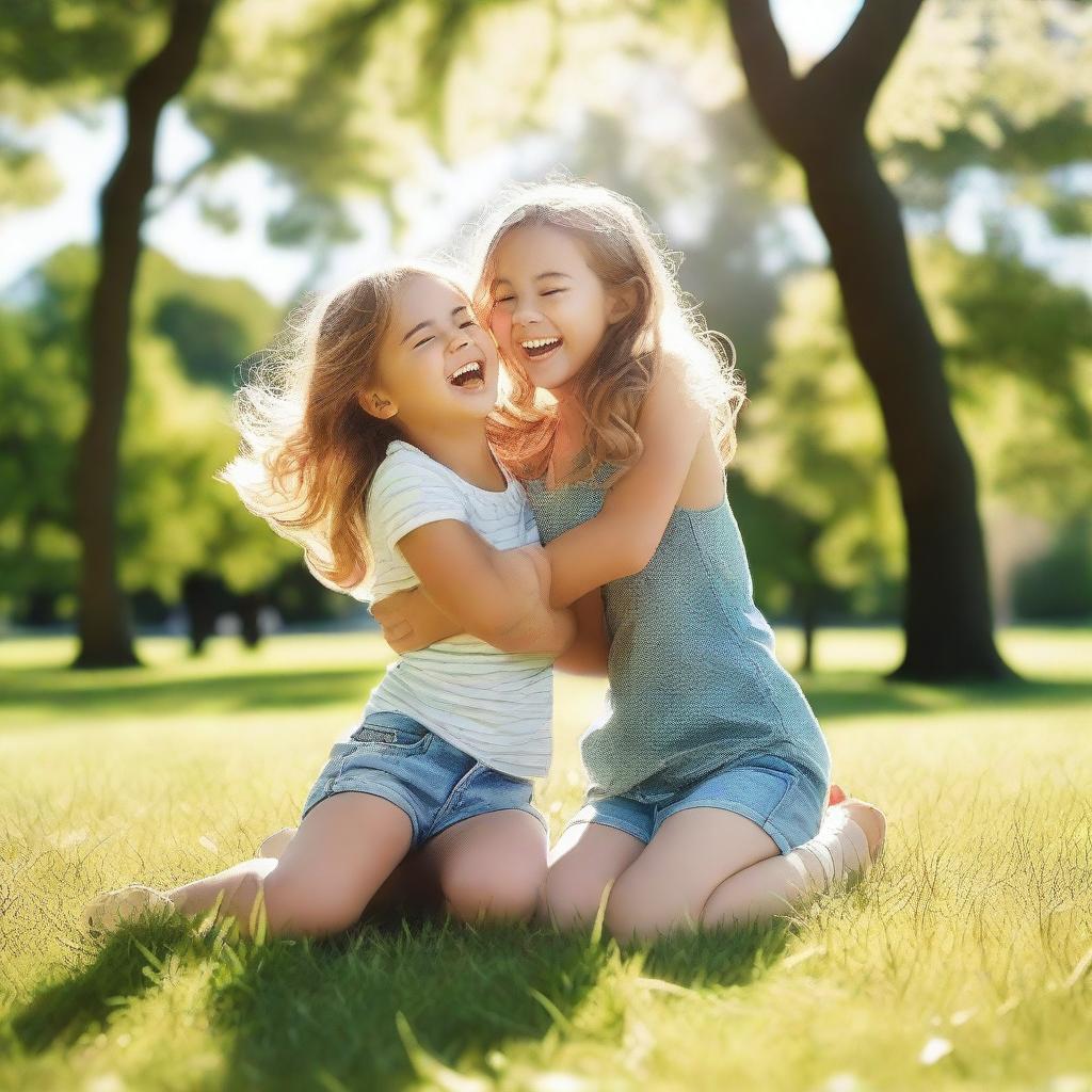 A cheerful scene featuring a girl tickling another girl in a playful manner