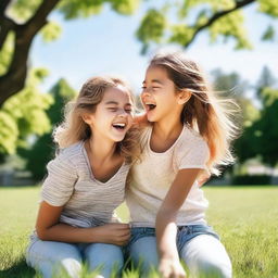 A cheerful scene featuring a girl tickling another girl in a playful manner