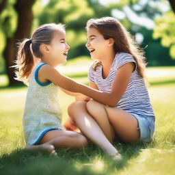 A cheerful scene featuring a girl tickling another girl in a playful manner