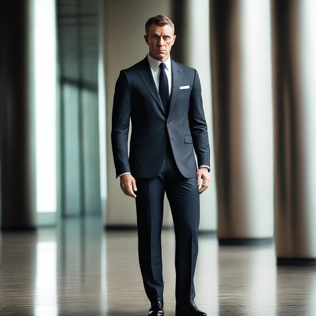 A full-body image of a British male in his late 20s, resembling a James Bond type character