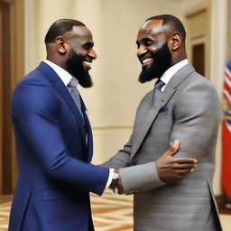 LeBron James and Vladimir Putin sharing a celebratory dap in a neutral setting