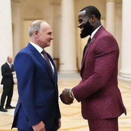 LeBron James and Vladimir Putin sharing a celebratory dap in a neutral setting