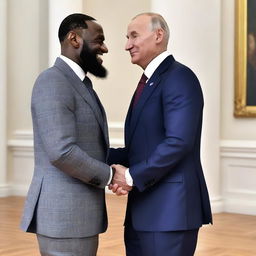 LeBron James and Vladimir Putin sharing a celebratory dap in a neutral setting