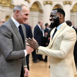 LeBron James and Vladimir Putin sharing a celebratory dap in a neutral setting