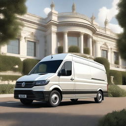 A white VW Crafter cargo van depicted in a retro Renaissance art style