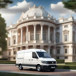 A white VW Crafter cargo van depicted in a retro Renaissance art style