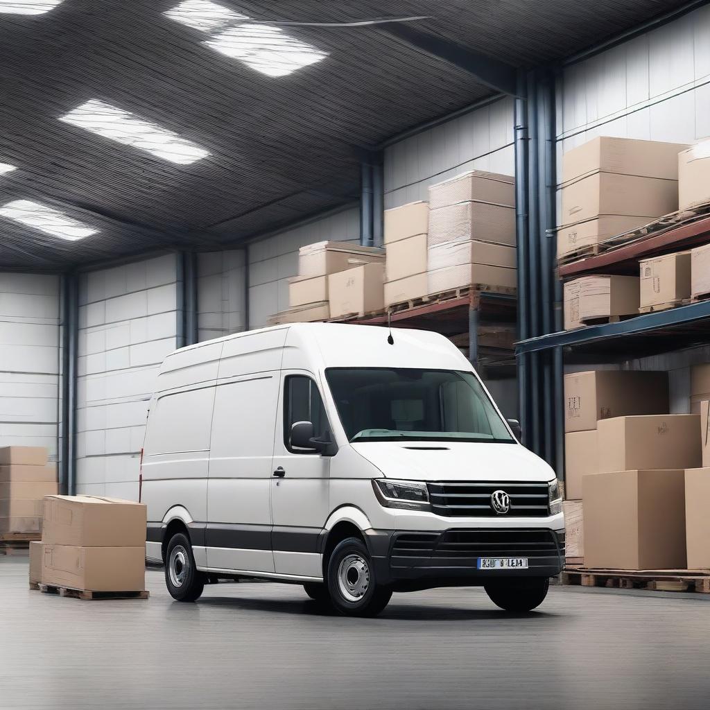 A forklift transforming into a white VW Crafter cargo van in the background of a warehouse