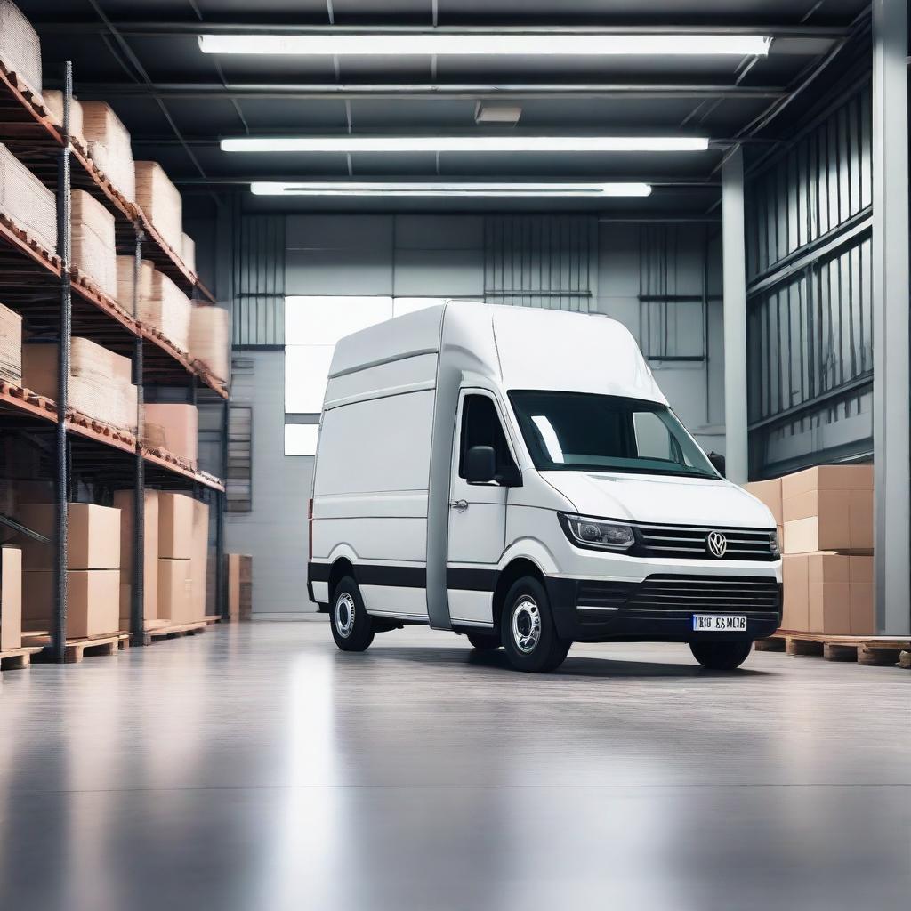 A forklift transforming into a white VW Crafter cargo van in the background of a warehouse