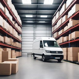 A forklift transforming into a white VW Crafter cargo van in the background of a warehouse