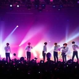 The BTS group, South Korean boy band, presenting a dynamic stage performance with light, color, and energy.