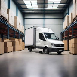 A forklift transforming into a white VW Crafter cargo van in the background of a warehouse