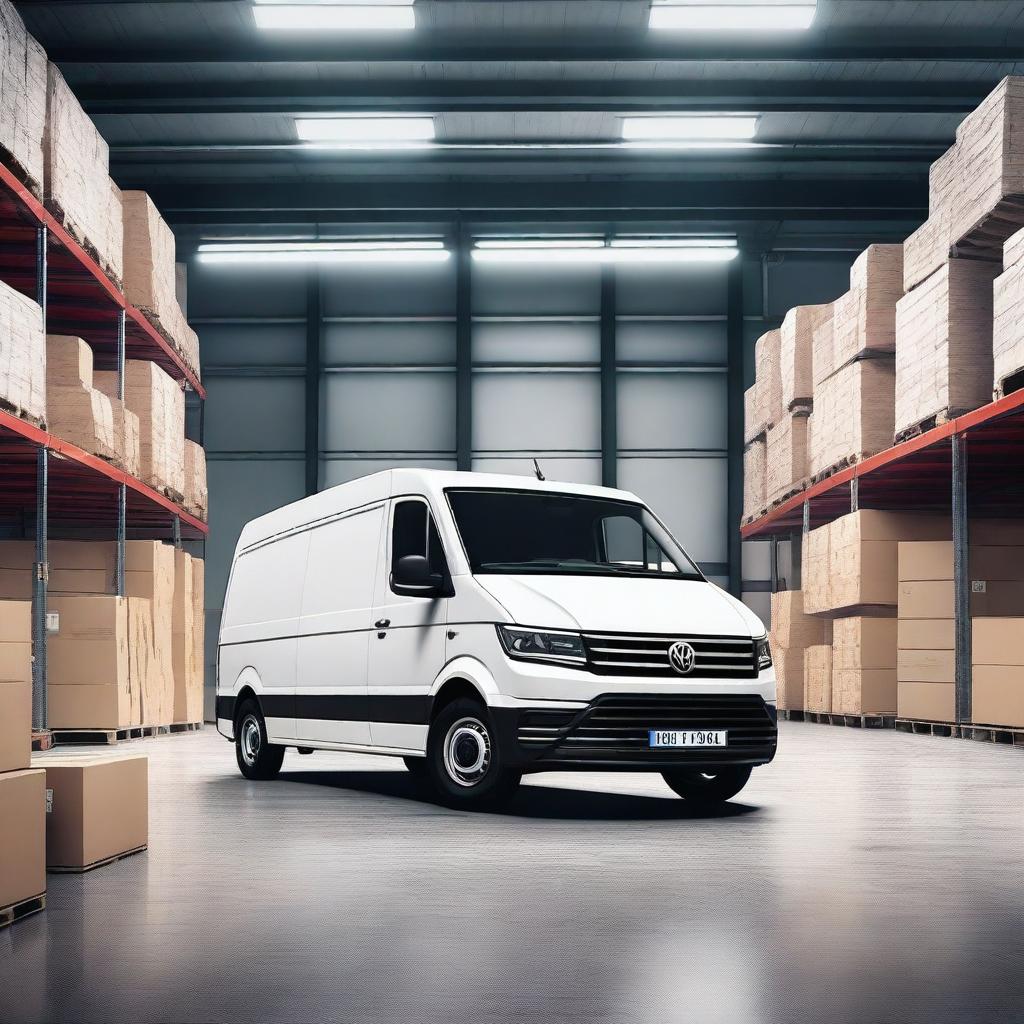 A forklift transforming into a white VW Crafter cargo van