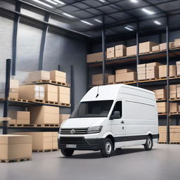 A forklift transforming into a white VW Crafter cargo van