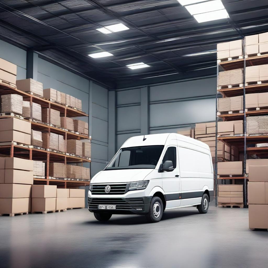 A forklift transforming into a white VW Crafter cargo van