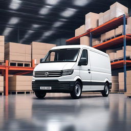 A forklift transforming into a white VW Crafter cargo van