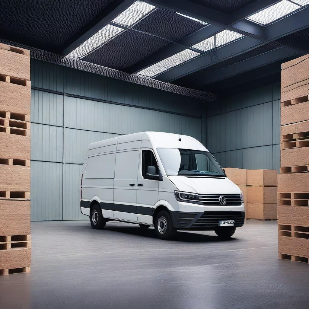 A transformer that changes from a forklift to a white VW Crafter cargo van, set against the background of a loading warehouse