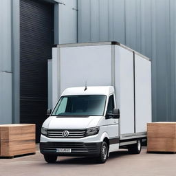 A transformer that changes from a forklift to a white VW Crafter cargo van, set against the background of a loading warehouse