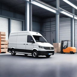 A transformer that changes from a forklift to a white VW Crafter cargo van, set against the background of a loading warehouse