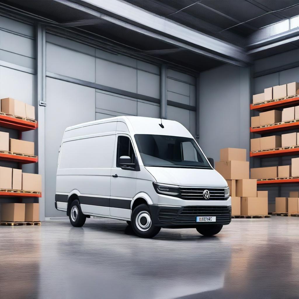 A transformer that changes from a forklift to a white VW Crafter cargo van, set against the background of a loading warehouse