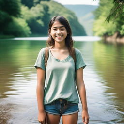 A girl standing in a river, looking at the camera with a cheerful expression