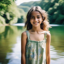 A girl standing in a river, looking at the camera with a cheerful expression