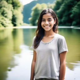 A girl standing in a river, looking at the camera with a cheerful expression