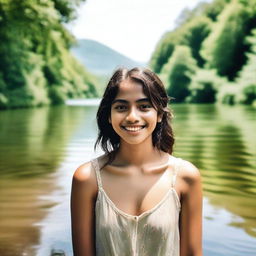 A girl standing in a river, looking at the camera with a cheerful expression