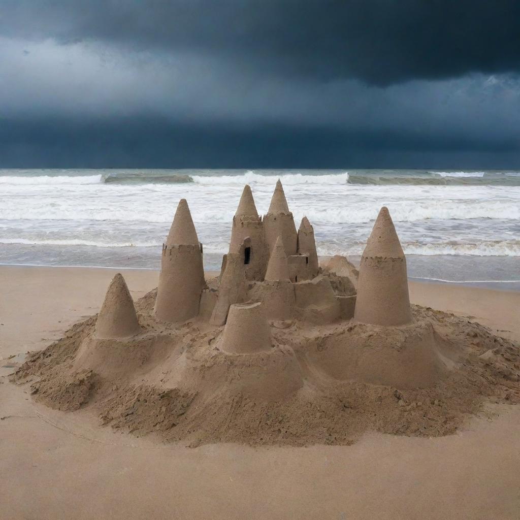 Dramatic view of detailed sand castles on a beach under a stormy sky, progressively being eroded away by pouring rain.