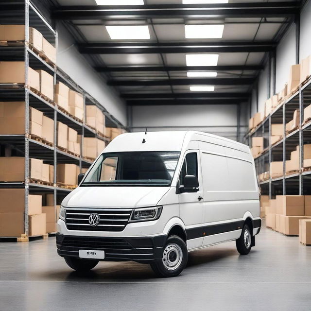 A white VW Crafter cargo van parked inside a large, well-organized warehouse