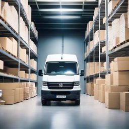 A white VW Crafter cargo van parked inside a large, well-organized warehouse