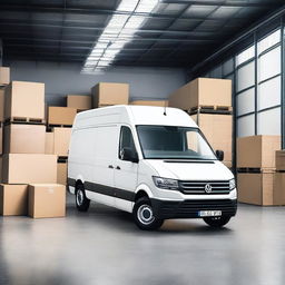 A white VW Crafter cargo van parked inside a large, well-organized warehouse