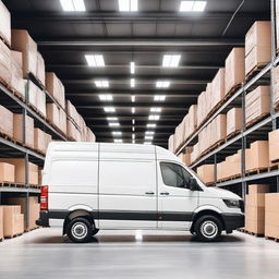 A white VW Crafter cargo van parked inside a large, well-organized warehouse