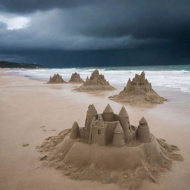 Dramatic view of detailed sand castles on a beach under a stormy sky, progressively being eroded away by pouring rain.