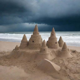 Dramatic view of detailed sand castles on a beach under a stormy sky, progressively being eroded away by pouring rain.