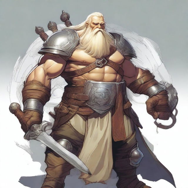 A slim Dungeons & Dragons Goliath with pale skin, thick blonde hair, and a thick beard