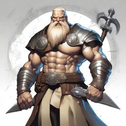 A slim Dungeons & Dragons Goliath with pale skin, thick blonde hair, and a thick beard