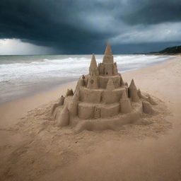 Dramatic view of detailed sand castles on a beach under a stormy sky, progressively being eroded away by pouring rain.